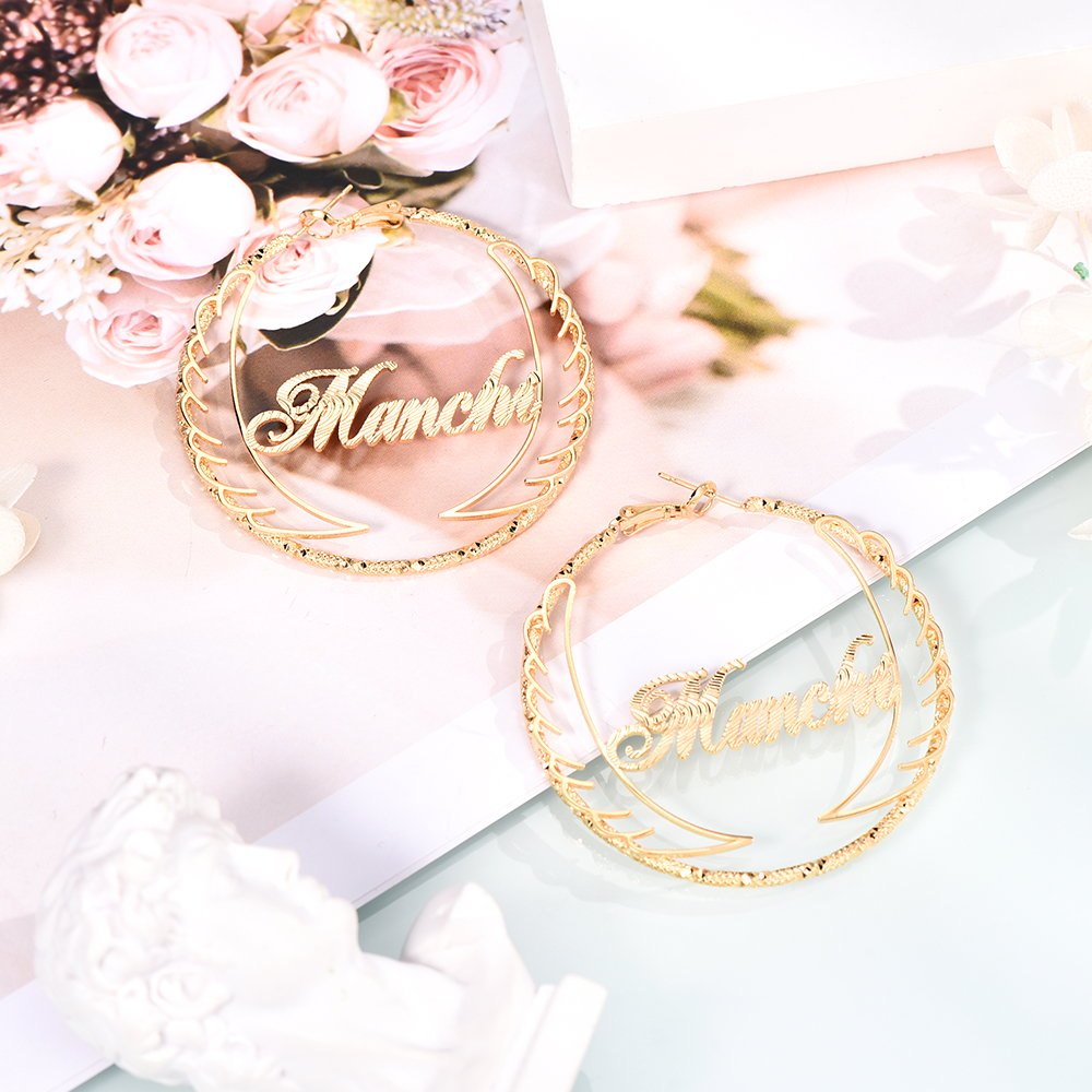 Angel Wings Hoop Earrings Personalised Custom Gold Plated Name Earrings Women Earrings-silviax
