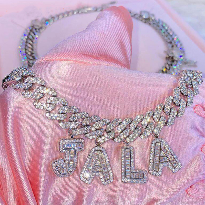 Hip Hop Cubic Zirconia Capital Letter Choker Cuban Chain Necklace-silviax