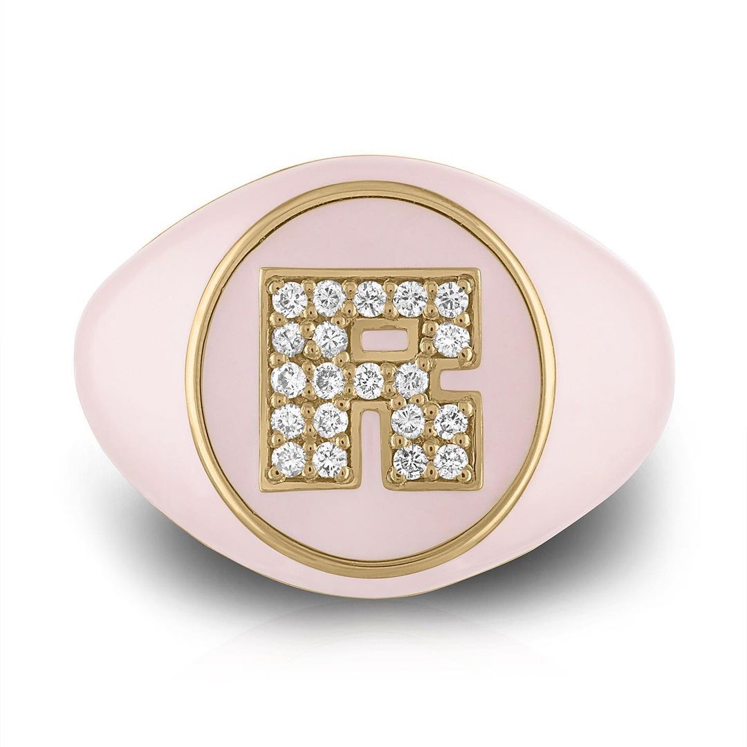 Enamel Personalized Custom Diamond Pinky Square Signet A-Z Letter Initial Ring