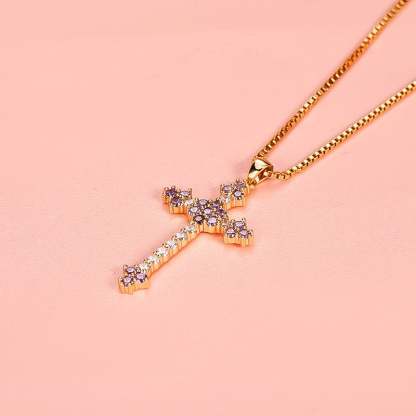 Purple Zircon Cross Pendant Necklace Gold Plated-silviax