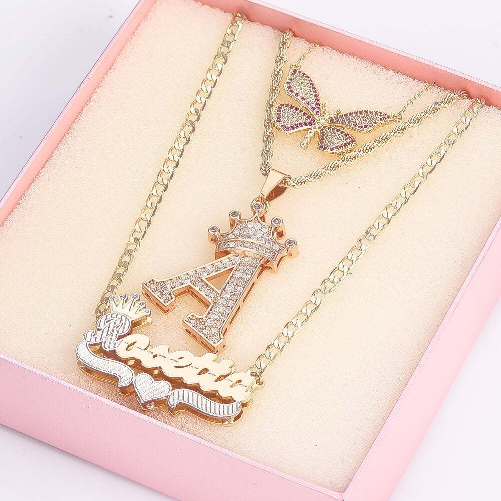 Double Layer Two Tone Crown heart Name Necklace Initial Necklace and Butterfly Pendant Necklace Personalized Custom Set-silviax