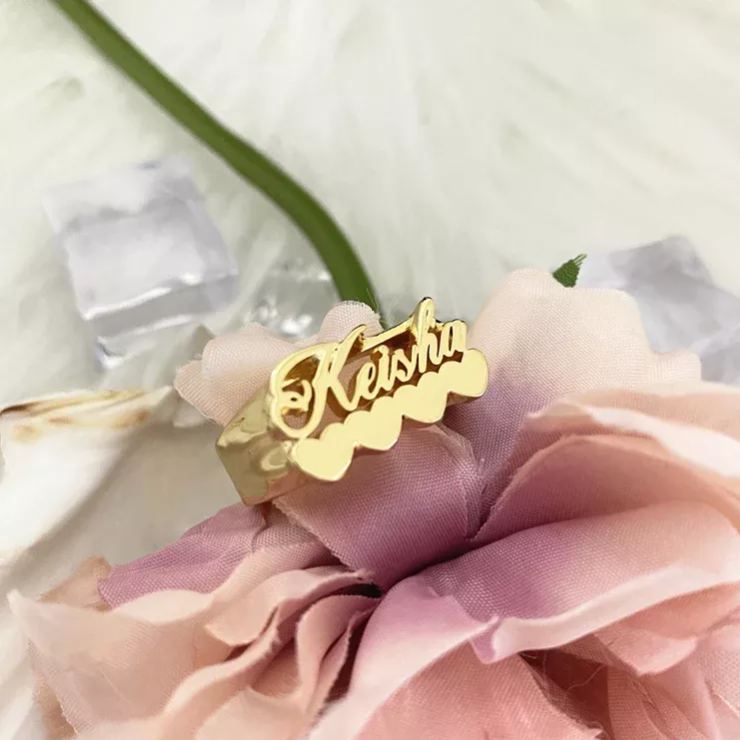 Personalized Custom Gold Plated Four Hearts Nameplate Ring 3D Name Finger Ring-silviax