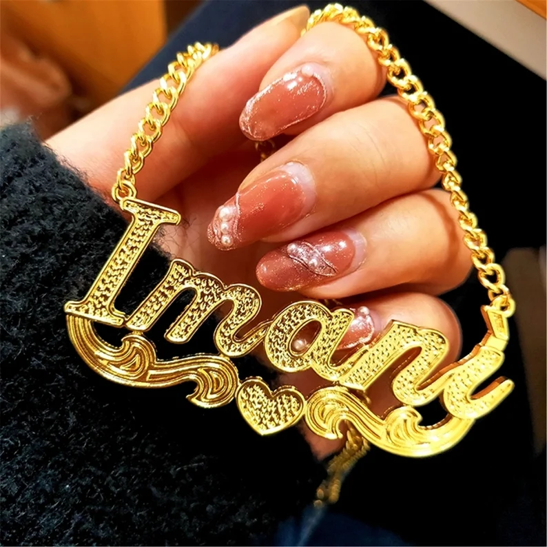 Personalized Custom 3D Gold Plated  Nameplate Necklace with Heart-silviax