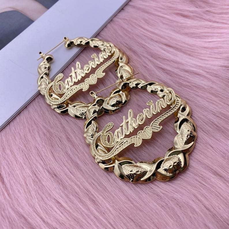 XOXO Bamboo Earrings Heart Nameplate Personalized Custom Gold Plated Name Earrings-silviax