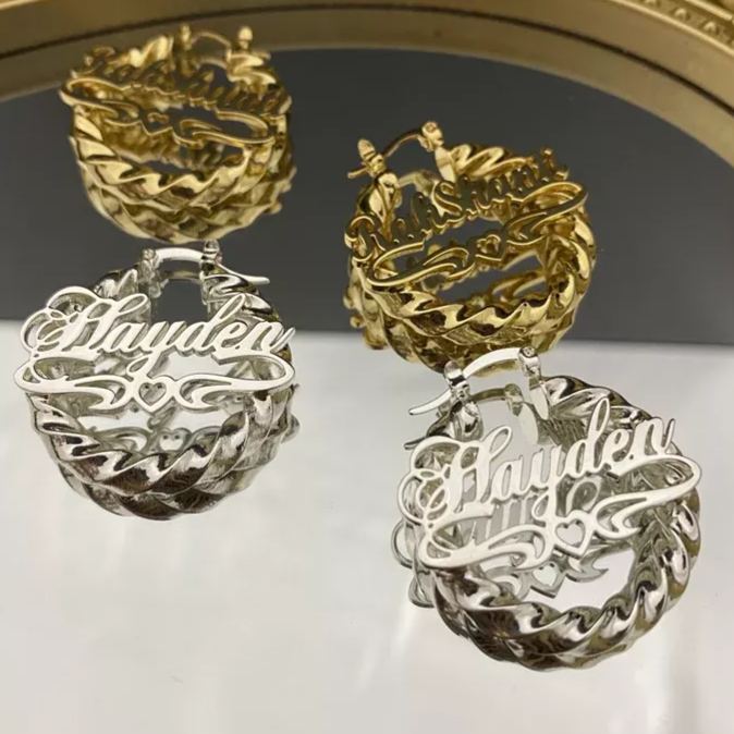 Initial Hoop Earrings with Heart Personalised Custom Gold Plated Bamboo Name Earrings 40mm-silviax