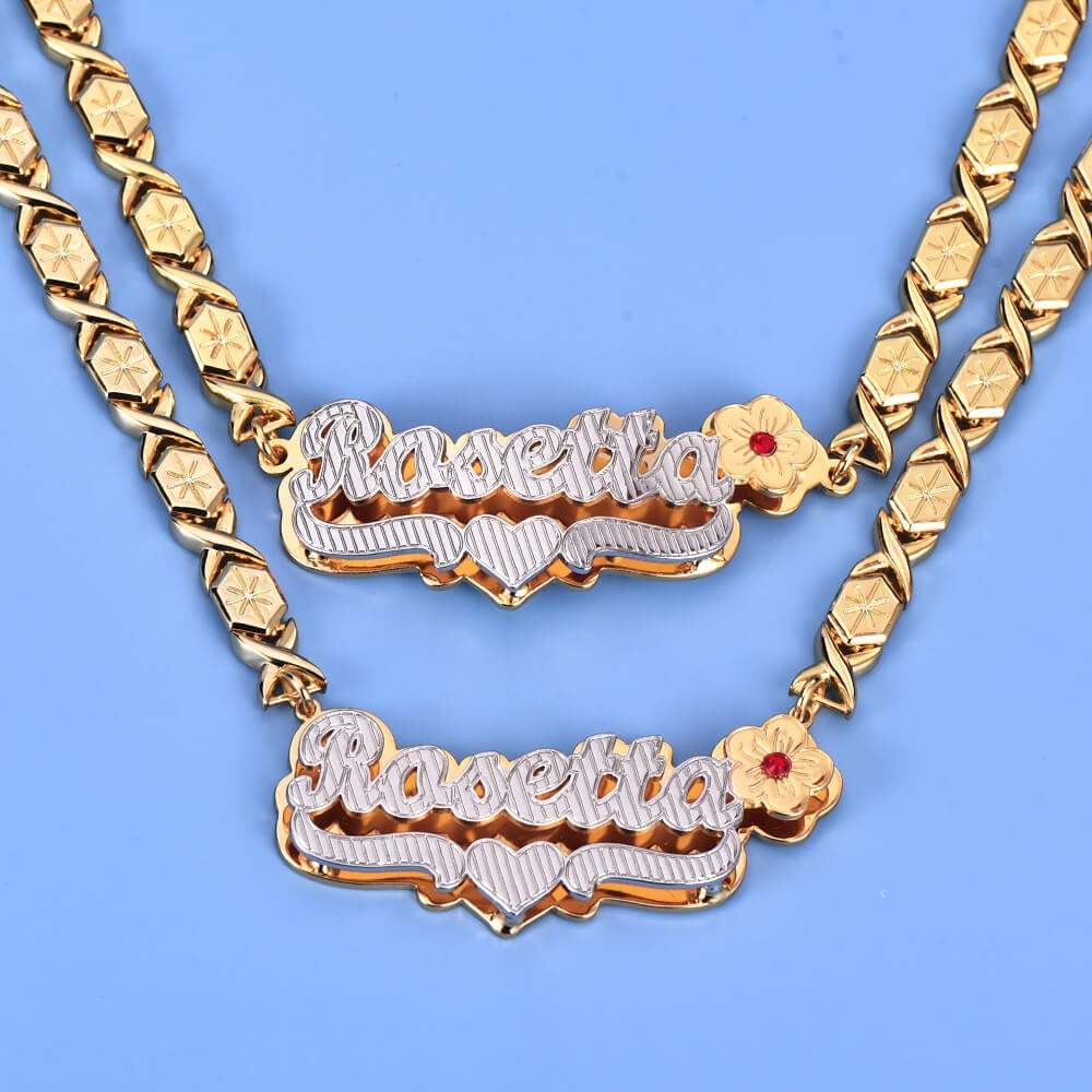 Flower Birthstone and Heart Double Plate Two Tone with XOXO Chain Personalized Custom Gold Plated Name Necklace Bracelet Set-silviax
