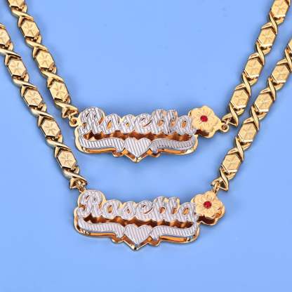 Flower Birthstone and Heart Double Plate Two Tone with XOXO Chain Personalized Custom Gold Plated Name Necklace Bracelet Set-silviax
