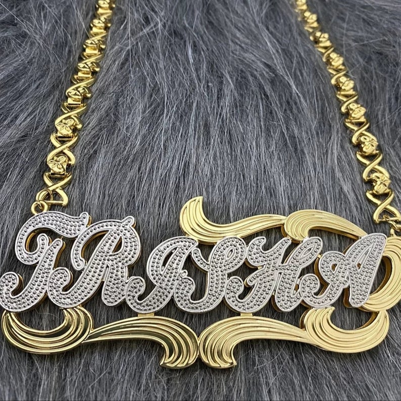 Double Layer Two Tone Nameplate Pendant Personalized Custom Name Necklace Gold Plated Xoxo Chain Jewelry-silviax