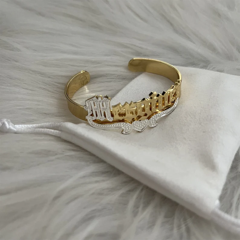 Old English Two Tone Nameplate with Crown Cuff Bangle Personalized Custom Gold Plated Name Bracelet-silviax