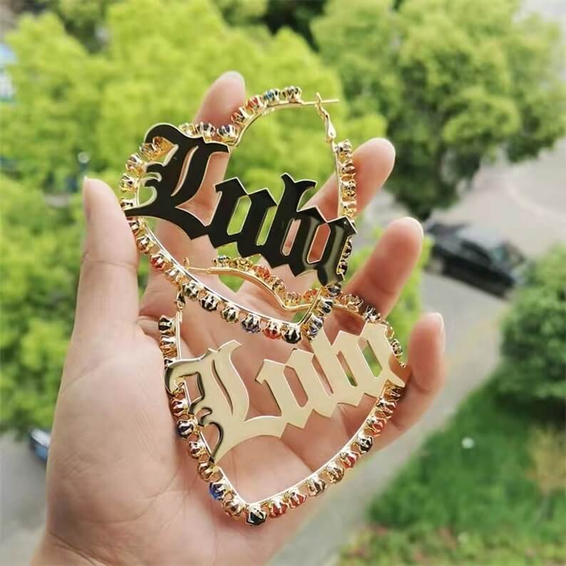 Colorful Zircon Heart Hoop Earrings Personalized Custom Gold Plated Name Earrings-silviax