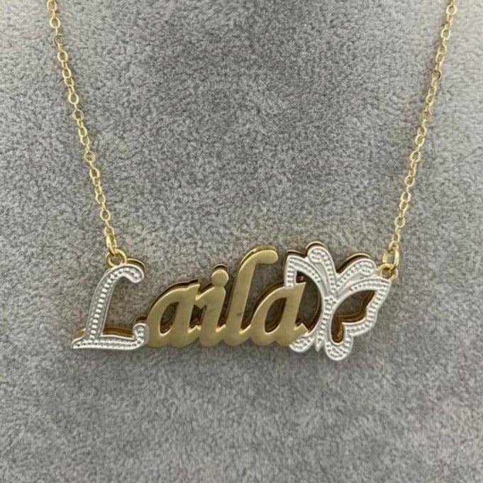 Double Layer Two Tone Butterfly Personalized Custom Gold Plated Name Necklace-silviax