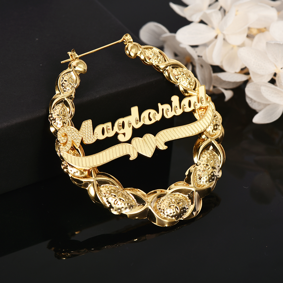 XOXO Bamboo  Earrings Heart Nameplate Personalized Custom Gold Plated Name Earrings-silviax