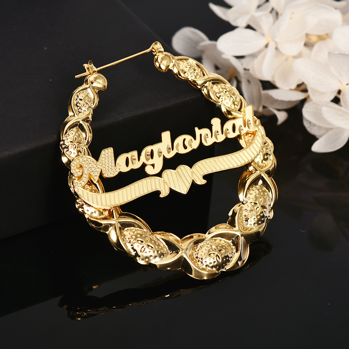 XOXO Bamboo Earrings Heart Nameplate Personalized Custom Gold Plated Name Earrings-silviax
