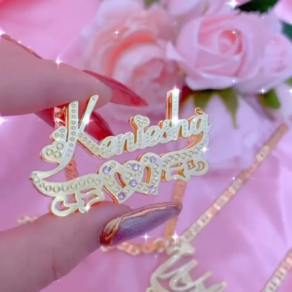 Double Layer Two Heart with Pink Zircon Personalized Custom 3D Name Necklace