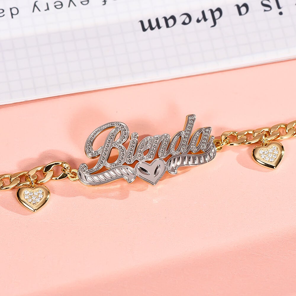 Double Layer Two Tone Heart Nameplate Cuban Chain With Heart Personalized Custom Name Bracelet-silviax