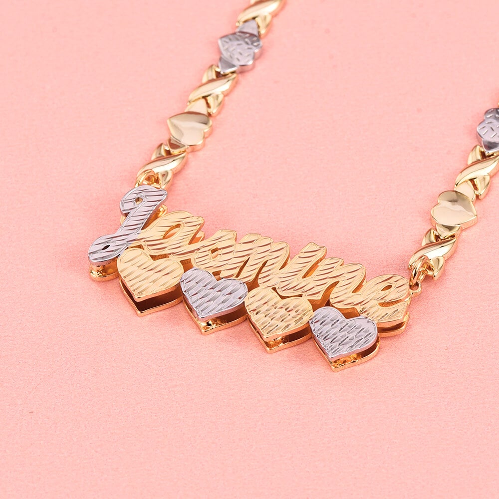 Double Layer Two Tone Four Hearts Nameplate XOXO Chain Personalized Custom Gold Plated Name Necklace-silviax