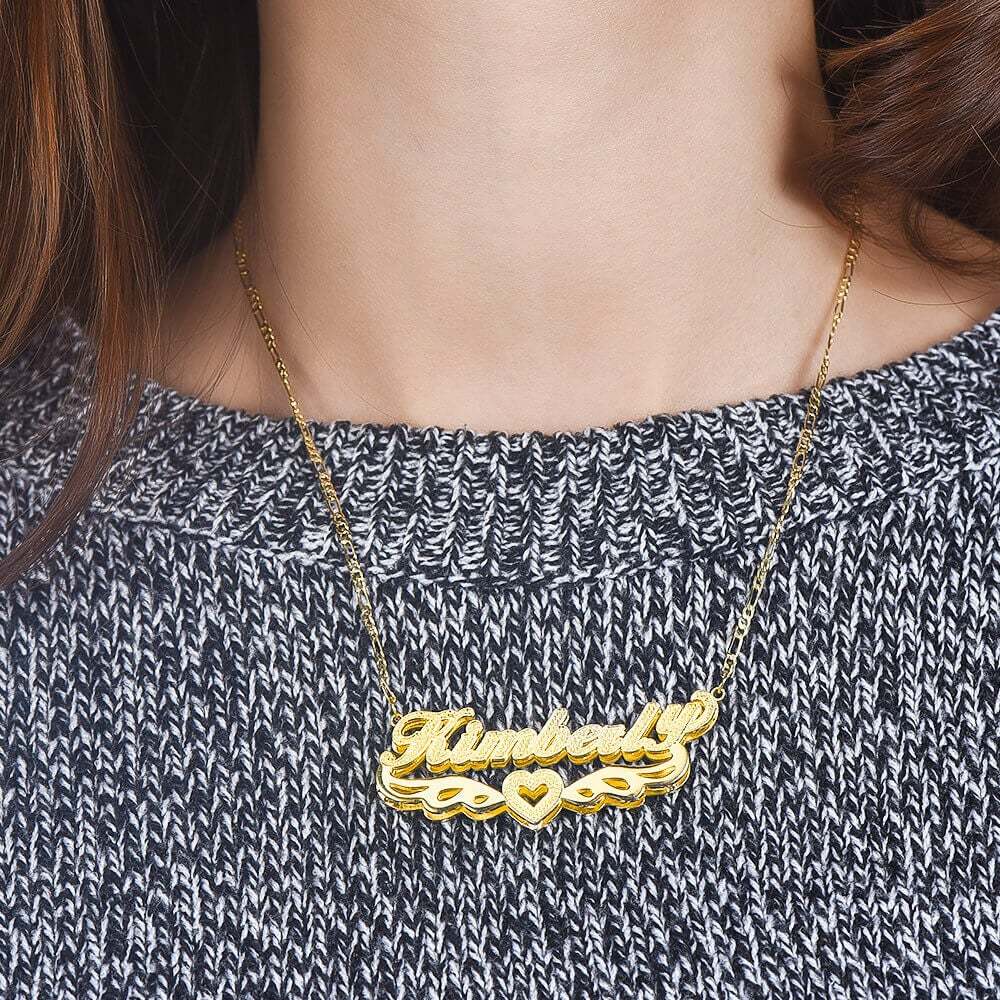 Wings Heart Double Layer Personalized 3D Name Necklace Gold Plated-silviax