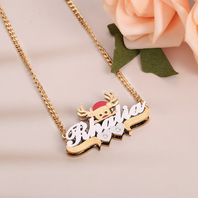 Christmas Heart and Cross Nameplate Two Tone Personalized XOXO Name Necklace
