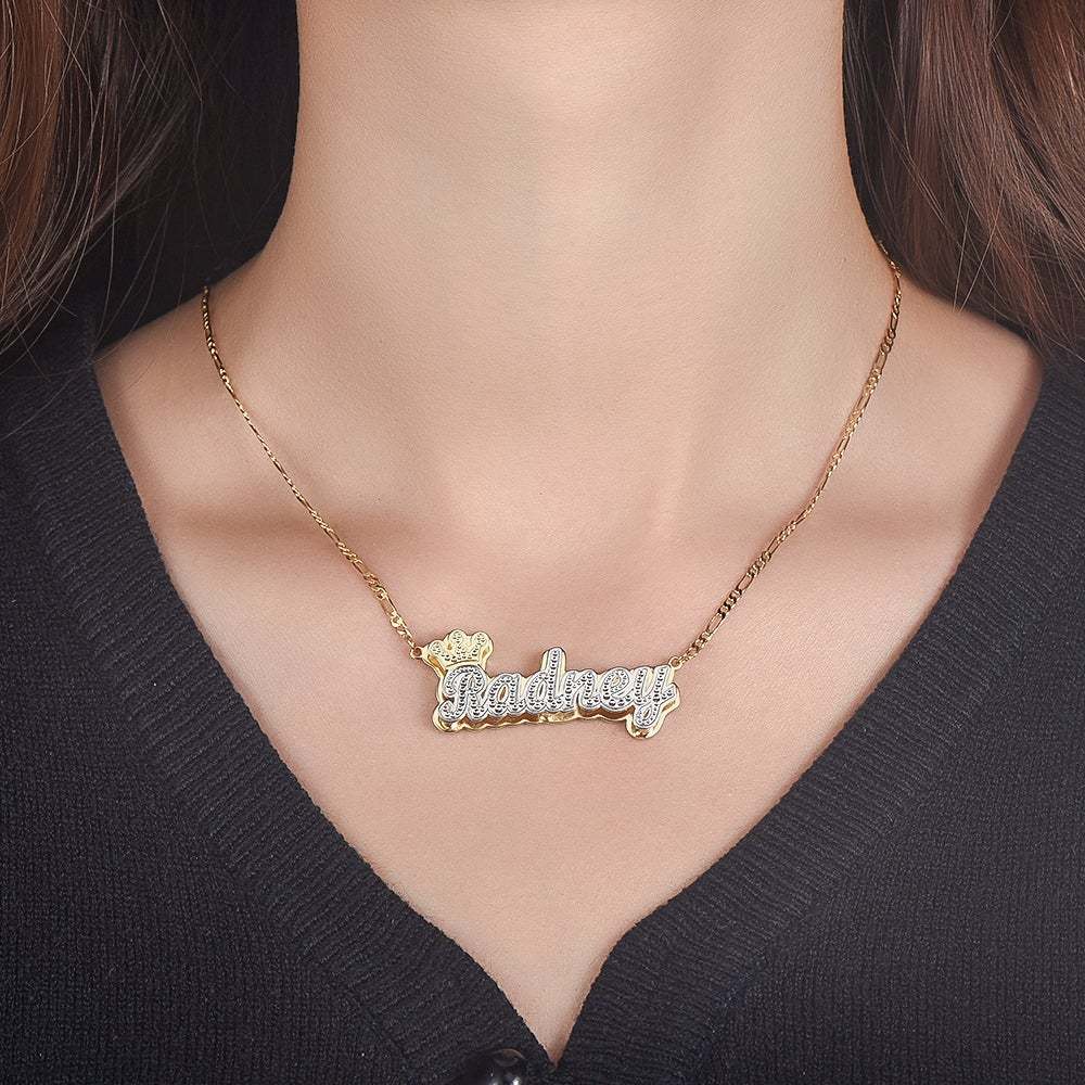 Crown Two Tone Custom Name Bracelet Earrings and Double Plate Necklace Set Gold Plated-silviax