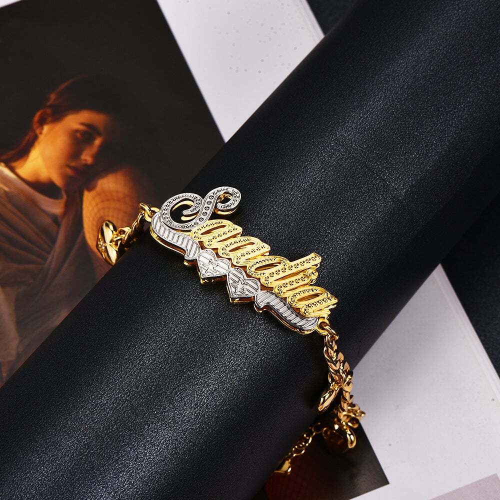 Double Layer Two Tone Two Hearts Nameplate Cuban Chain With Heart Personalized Custom Name Bracelet-silviax