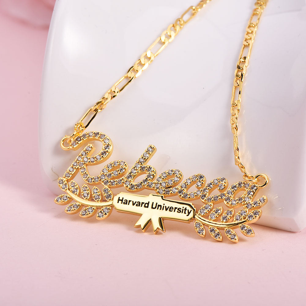 Zircon Anniversary Nameplate Pendant Personalized Custom Name Necklace with Leaves-silviax