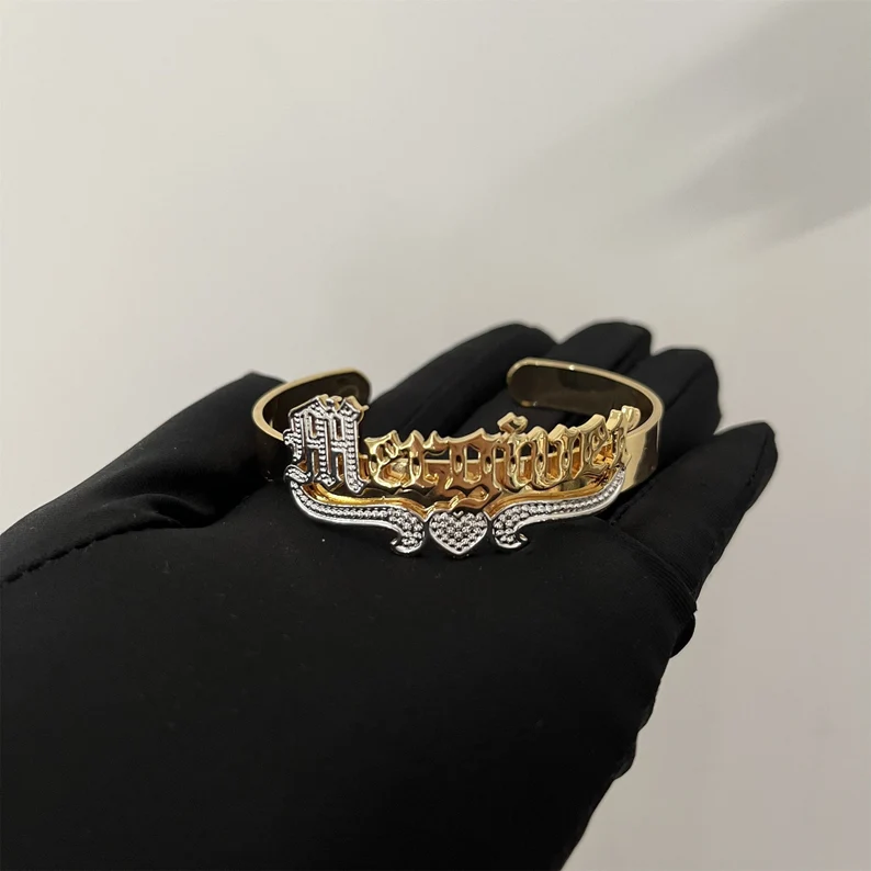 Old English Two Tone Nameplate with Crown Cuff Bangle Personalized Custom Gold Plated Name Bracelet-silviax