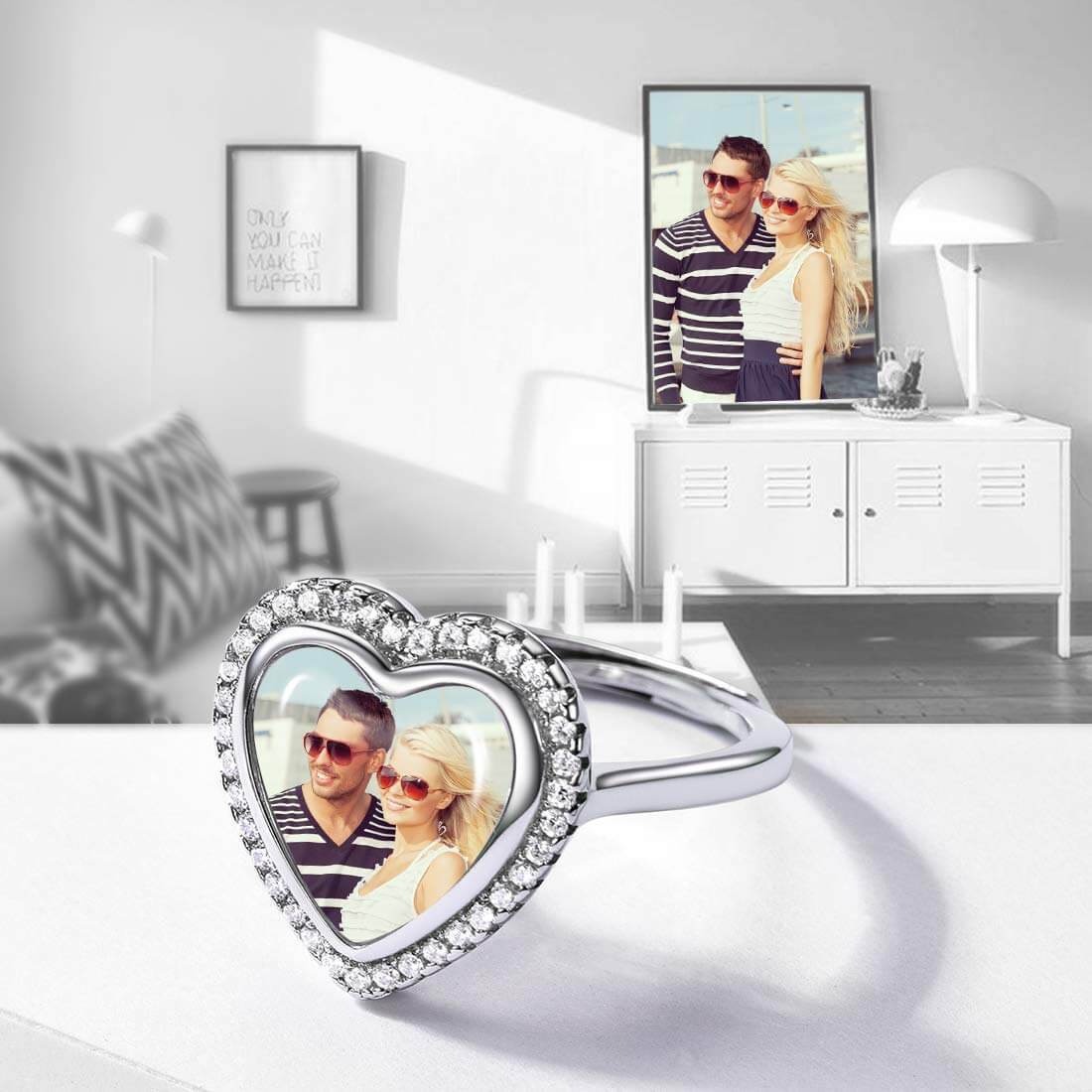 Heart white Gold Personalized Custom Open Photo Ring Inlay Cubic Zirconia-silviax