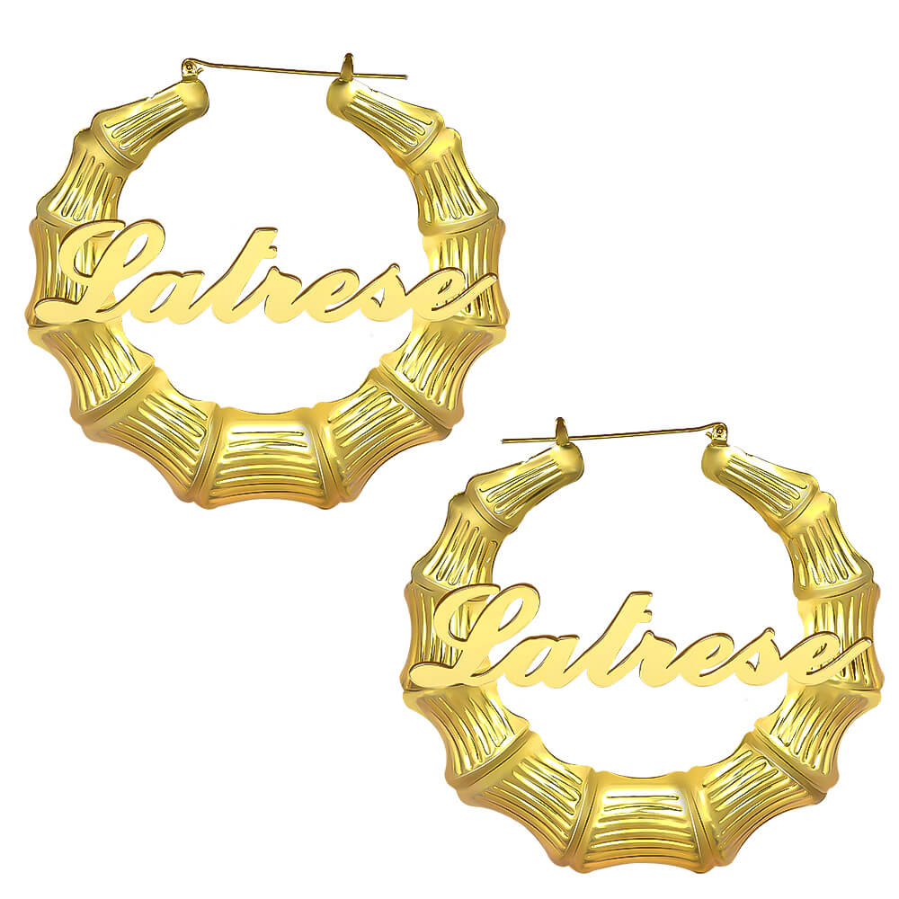 Gold Plated Personalized Custom Bamboo Hoop Name Earrings-silviax