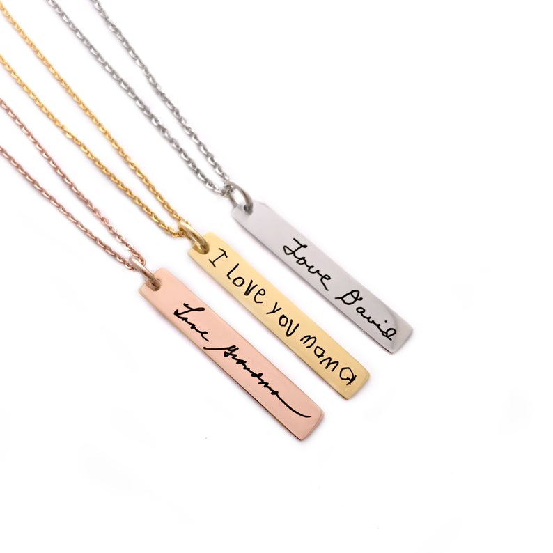 Handwriting Signature Bar Necklace Personalized Custom Gold Plated-silviax