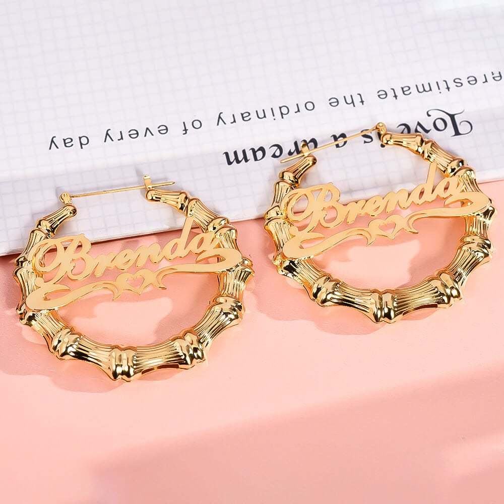 Bamboo Hoop with Heart Personalized Custom Name Earrings Gold Plated-silviax