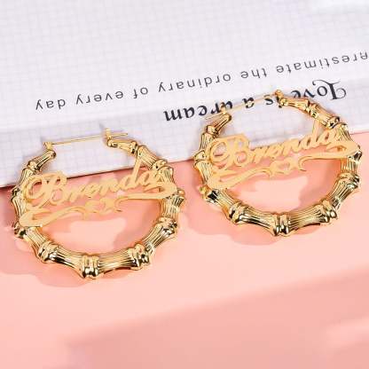 Bamboo Hoop with Heart Personalized Custom Name Earrings Gold Plated-silviax