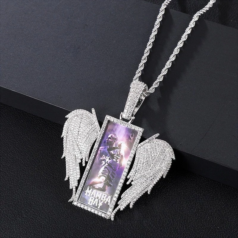 Angel Wings Rectangular Photo Frame Pendant Custom Necklace with Zircon Hip Hop Style