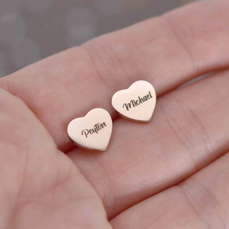 Heart Rose Gold Stud Earrings Personalized Custom Engraved Name Earrings-silviax