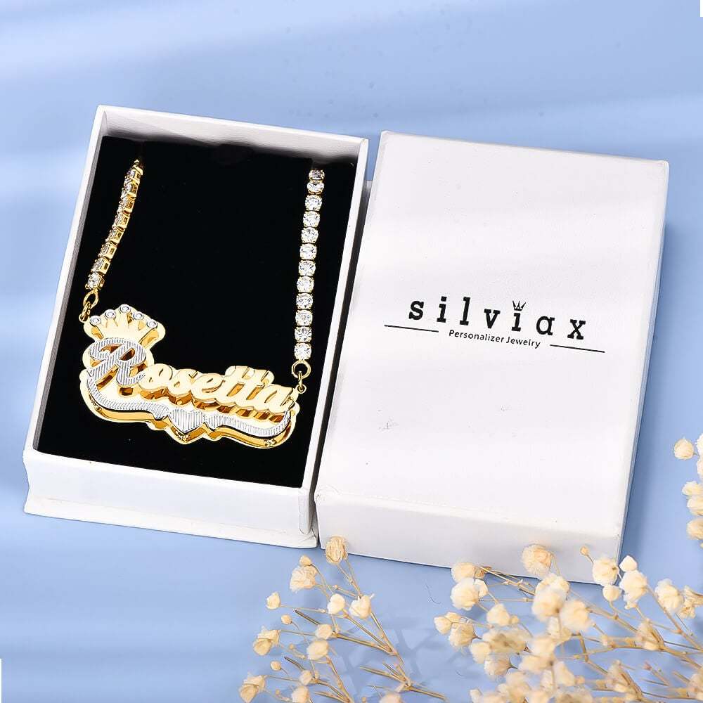 Double Plate Two Tone Crown Heart Nameplate with Tennis Chain Personalized Custom Gold Plated Name Necklace-silviax