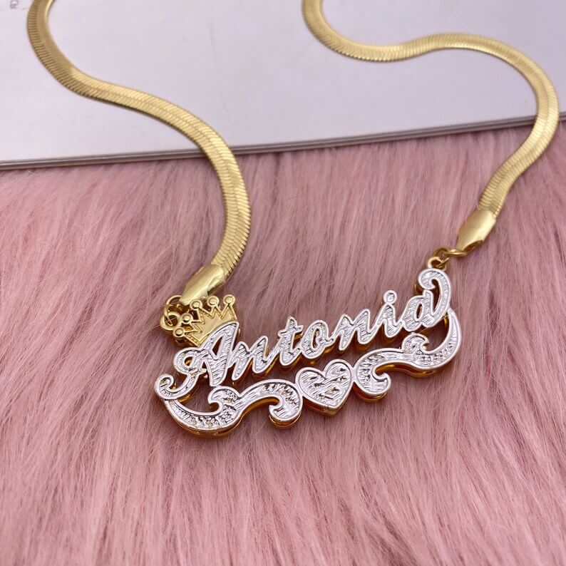 Double Layer Two Tone Crown Heart with Snake Chain Personalized Custom Gold Plated Name Necklace-silviax