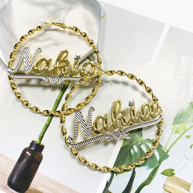 Two Tone Heart Personalized Custom Gold Plated Hoop Name Earrings-silviax