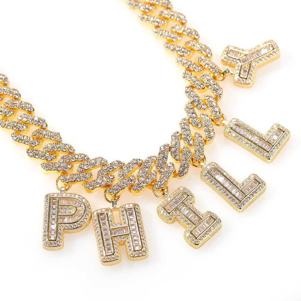 Hip Hop Cubic Zirconia Capital Letter Choker Cuban Chain Necklace-silviax