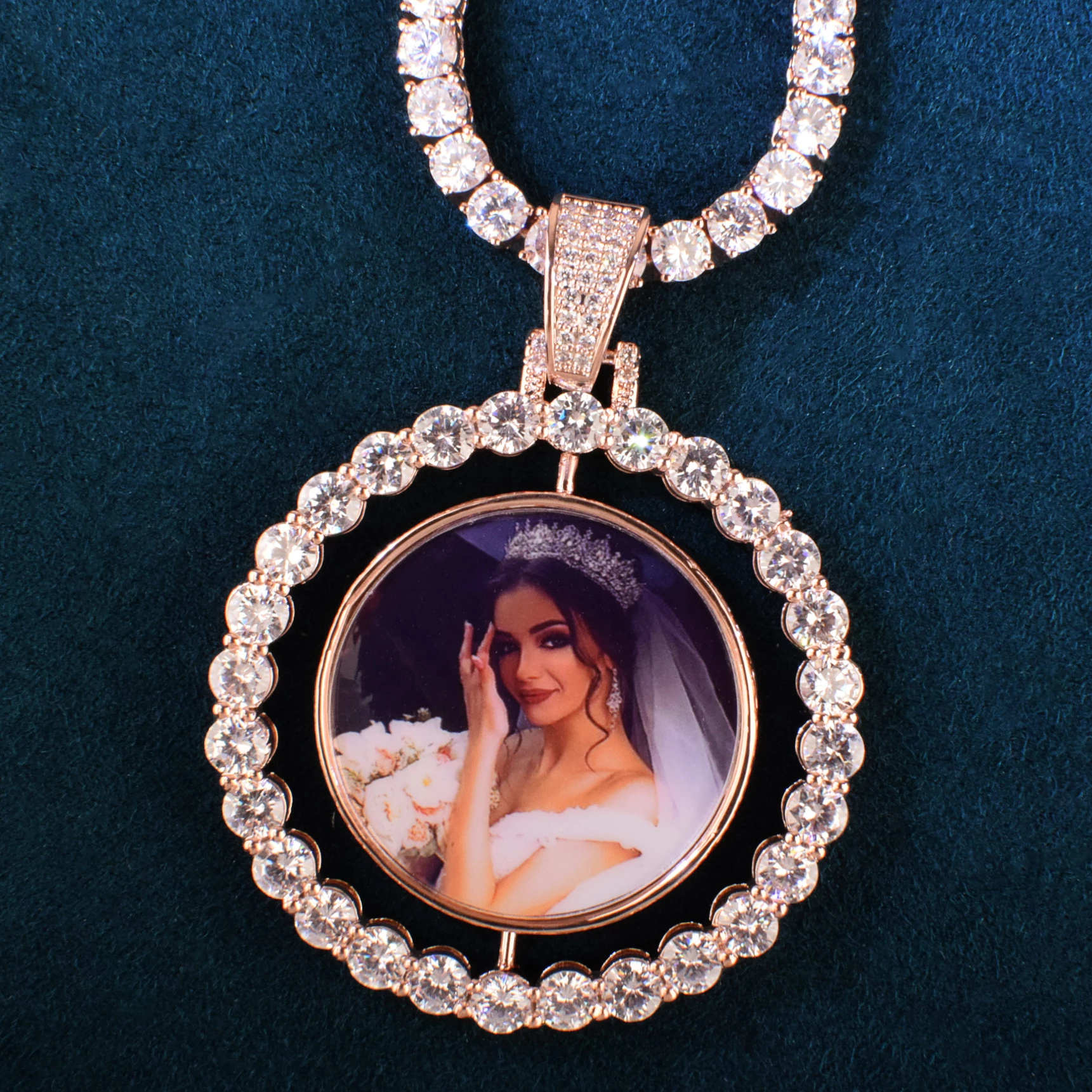 Tennis Chian Double Side Rotating Round Personalized Custom Photo Pendant Necklace-silviax