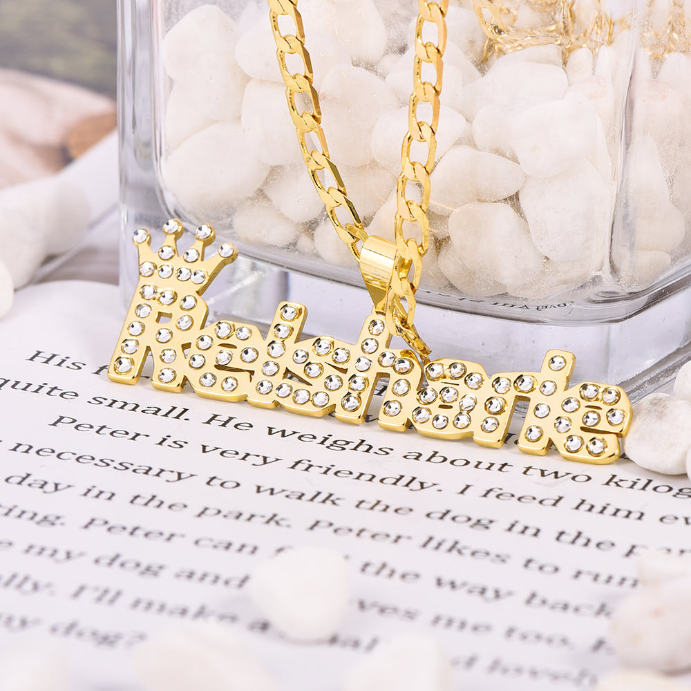 Inlaid Zircon Capital Letter Nameplate with Crown Pendant Personalized Custom Gold Plated Name Naecklace-silviax