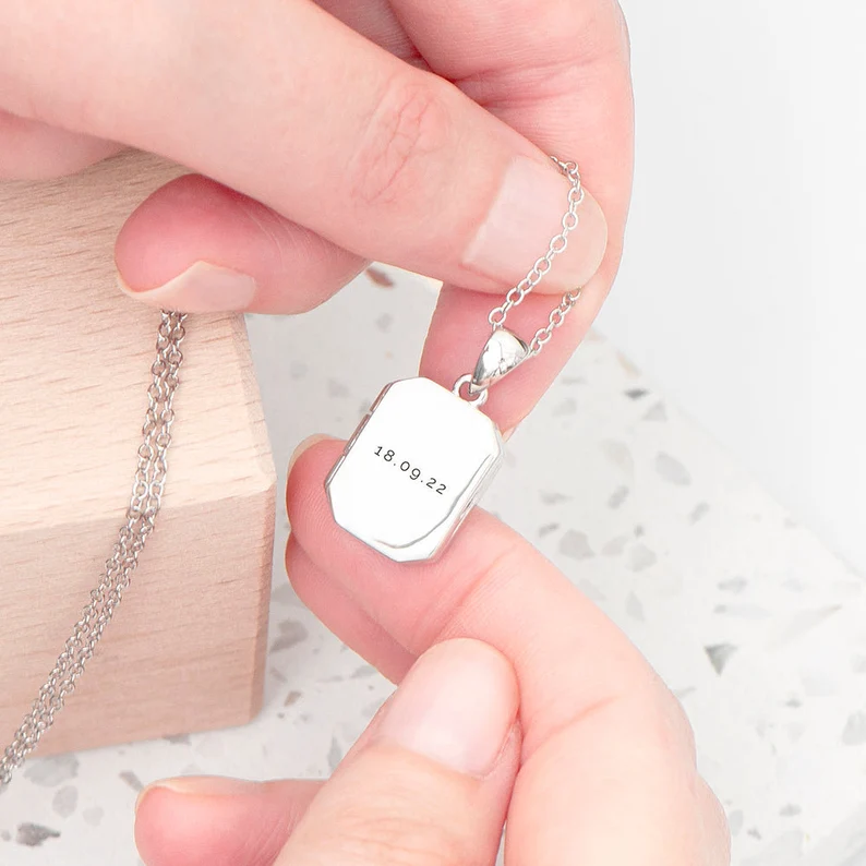 Personalized Gold Plated Rectangular Photo Locket Custom Photo Name & Date Necklace Anniversary Gift-silviax