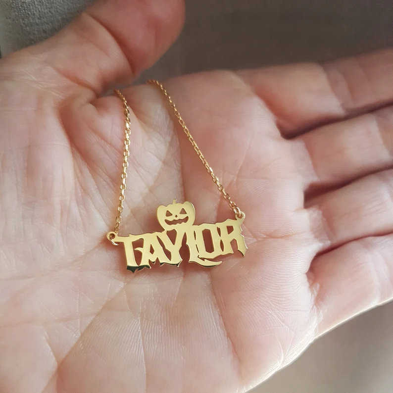 Halloween Personalized Custom Gold Plated Pumpkin Name Necklace-silviax