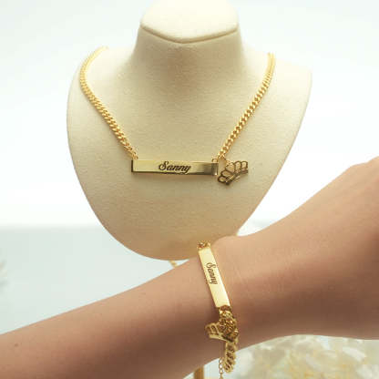 Gold Plated Personalized Custom Engraved Bar Nameplate with Crown Pendant Necklace and Bracelet Set-silviax