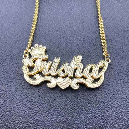 Crown Double Layer Name Necklace And Initial Necklace Personalized Custom Gold Plated Set-silviax