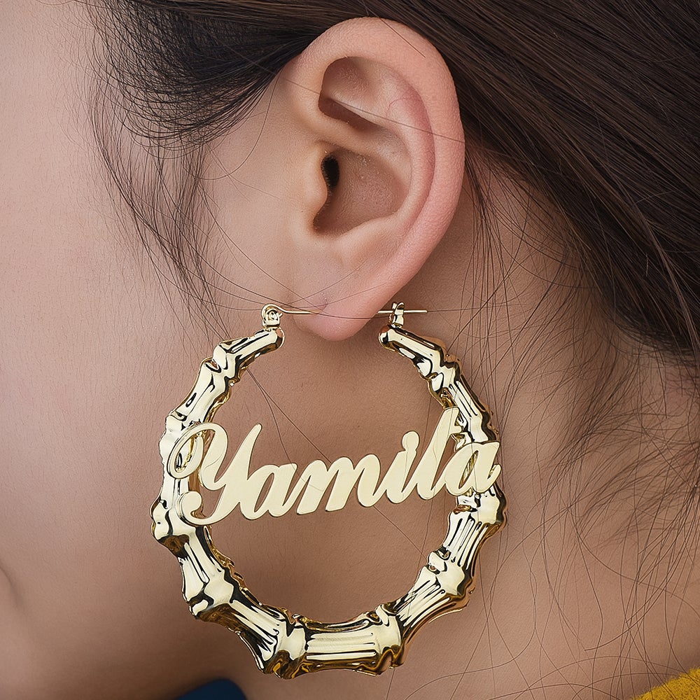 Gold Plated Personalized Custom Bamboo Hoop Name Earrings-silviax