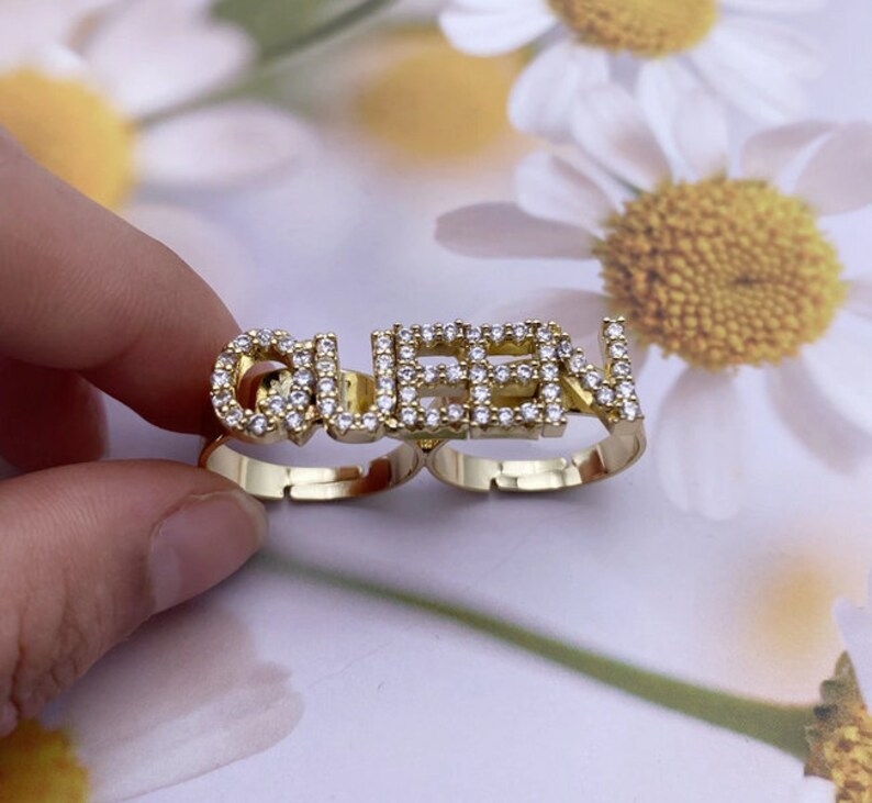 Personalized Custom Zircon Two Finger Gold Plated Capital Letter Name Ring