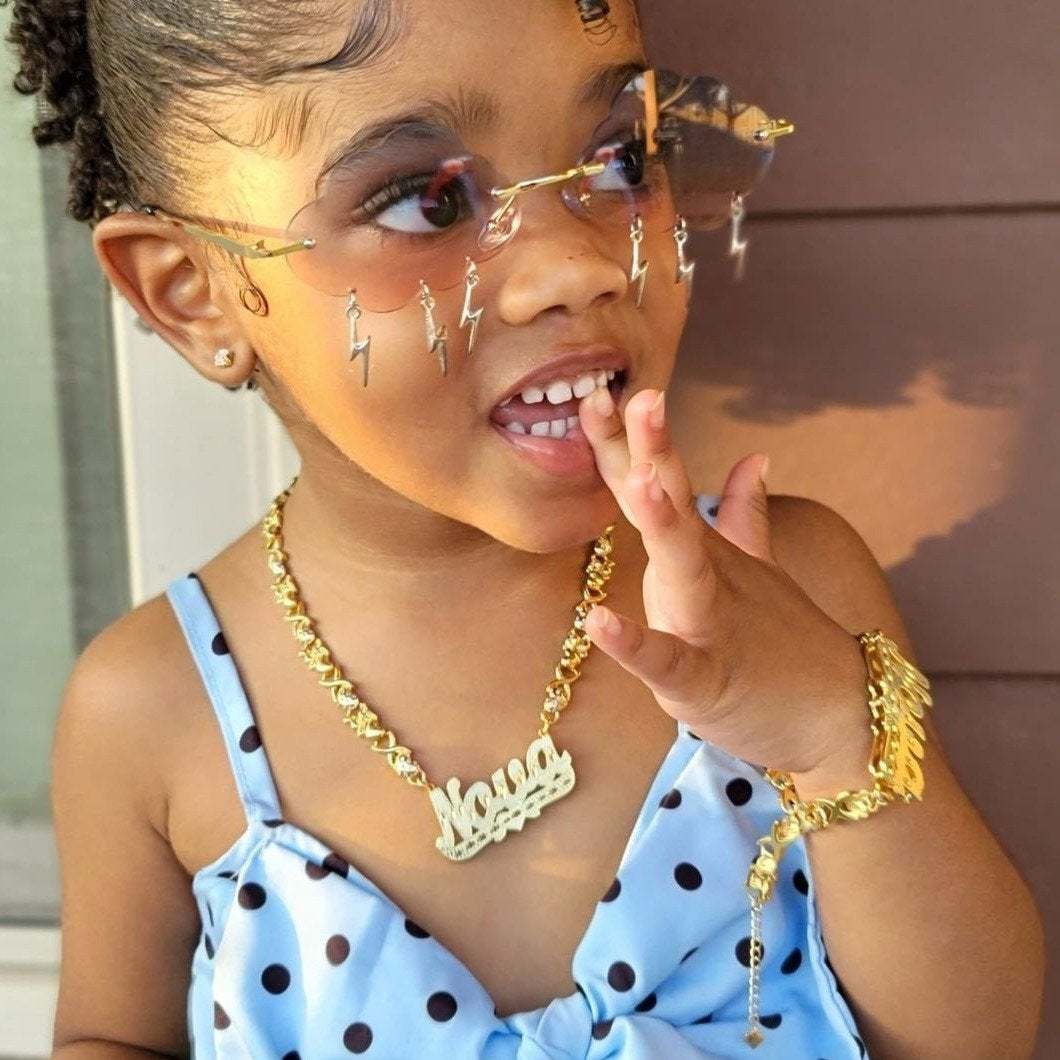 Teddy XOXO Chain Double Layer Heart Personalized Custom Gold Plated Name Necklace and Bracelet Set-silviax