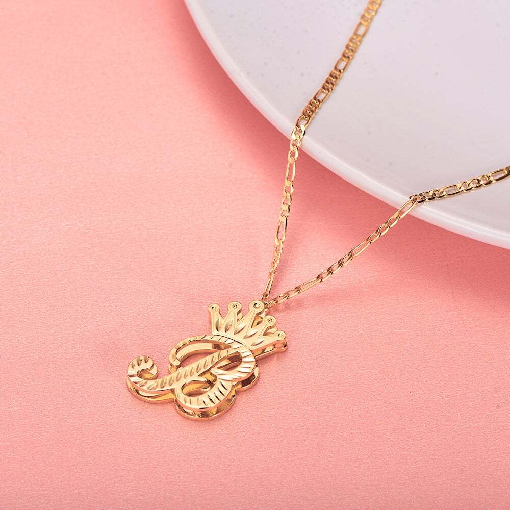 Double Layer Large Letter Crown Pendant Gold Plated Personalized Custom Initial Necklace-silviax