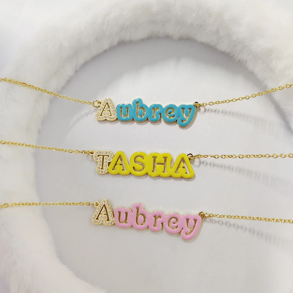 Colorful Hollow Enamel Nameplate with Zircon First Letter Personalized Name Necklace-silviax