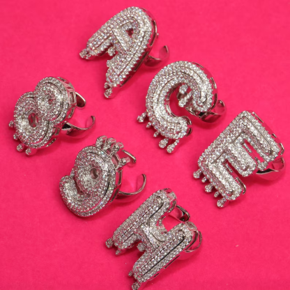 Drip Letter Number Personalized Custom White Gold Initial Ring Hip Hop Style-silviax