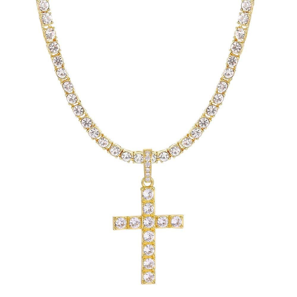 Cross Pendant Necklace Tennis Chain Gold Plated for Men and Women-silviax